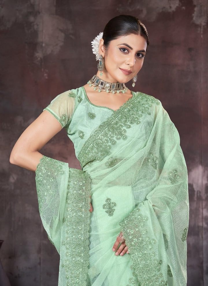 Lassya Fashion Sea green Wedding Wear Organza Net Saree