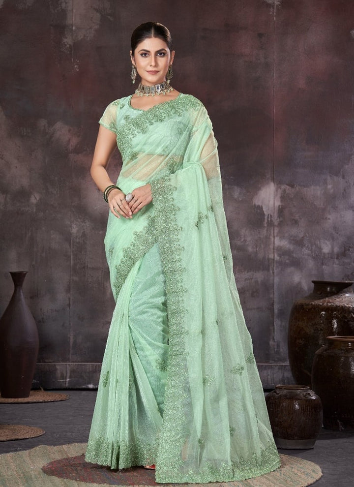 Lassya Fashion Sea green Wedding Wear Organza Net Saree