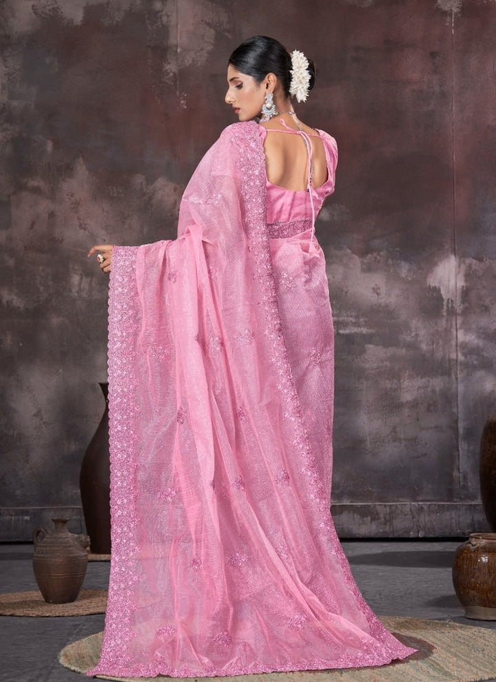 Lassya Fashion Pink Wedding Wear Organza Net Saree