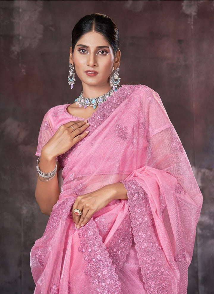 Lassya Fashion Pink Wedding Wear Organza Net Saree