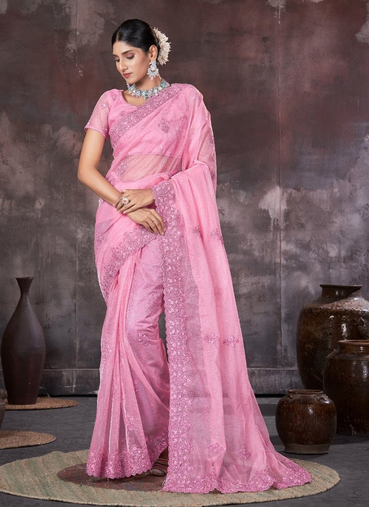 Lassya Fashion Pink Wedding Wear Organza Net Saree