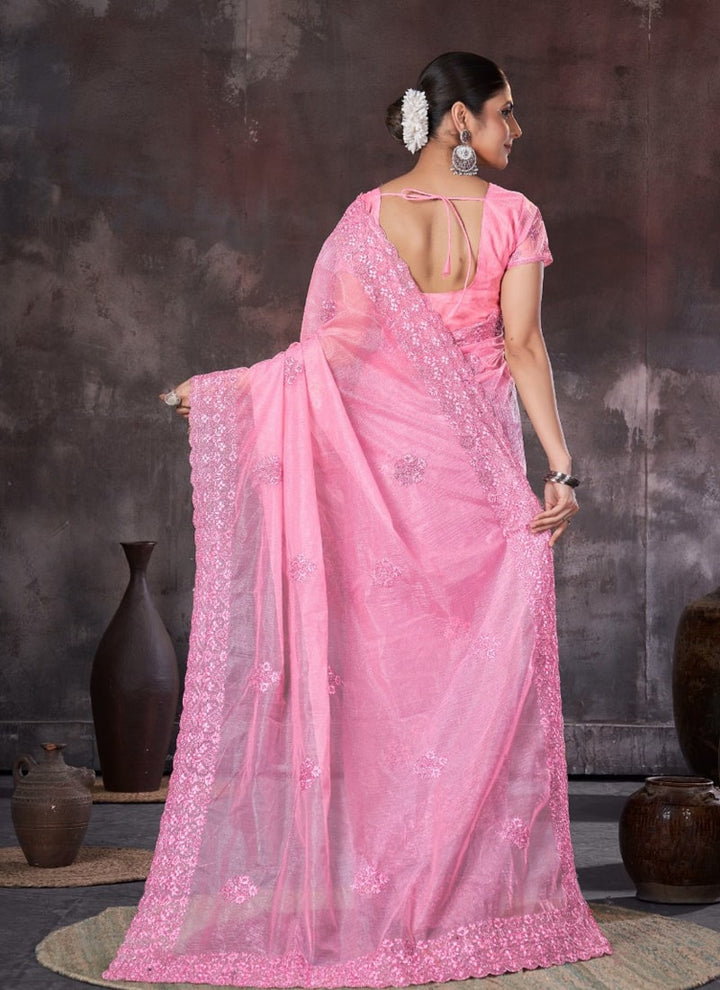 Lassya Fashion Pink Wedding Wear Organza Net Saree