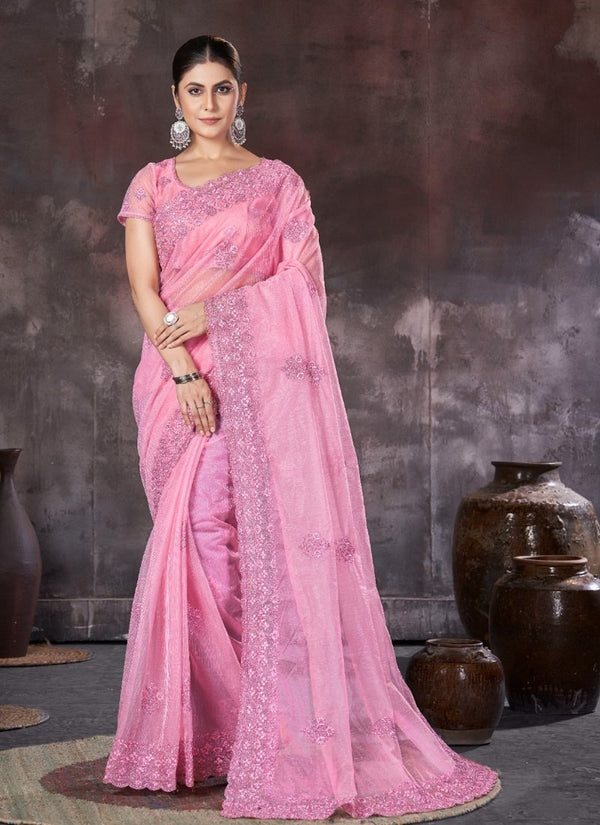 Lassya Fashion Pink Wedding Wear Organza Net Saree