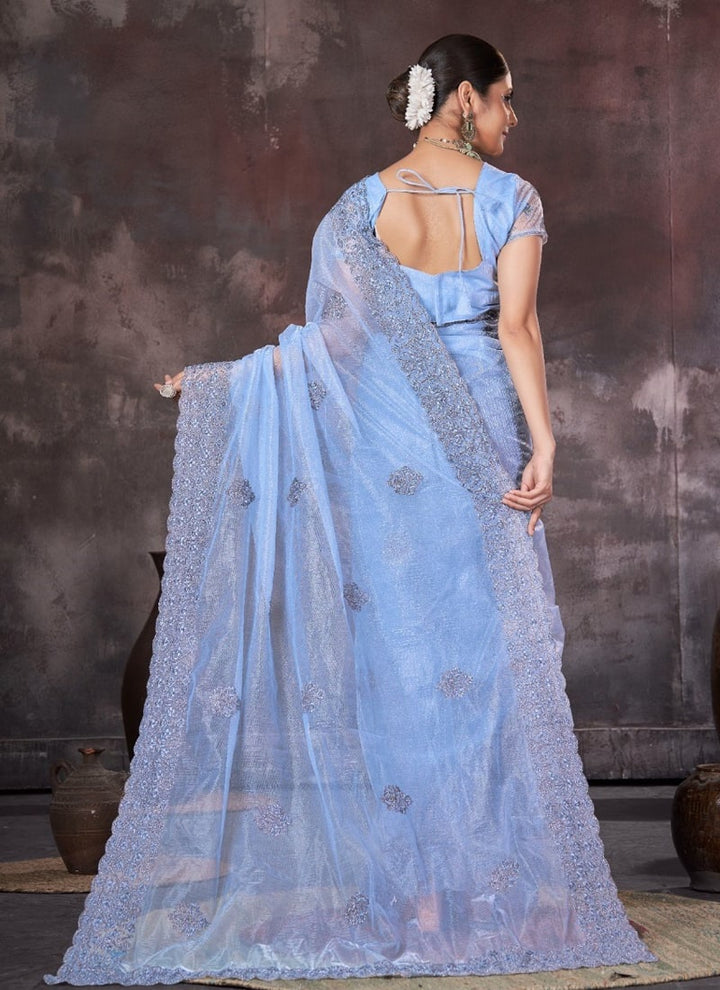 Lassya Fashion Lilac Blue Wedding Wear Organza Net Saree