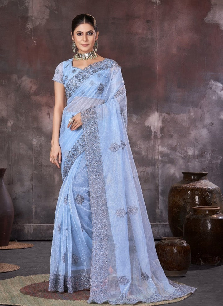 Lassya Fashion Lilac Blue Wedding Wear Organza Net Saree