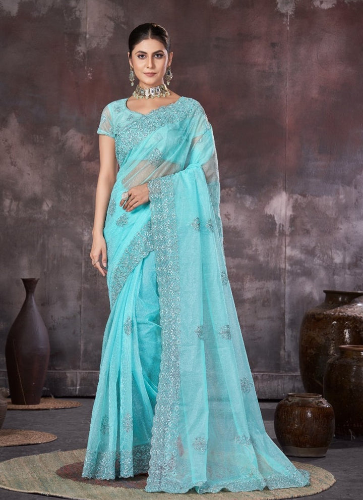 Lassya Fashion Sea Blue Wedding Wear Organza Net Saree