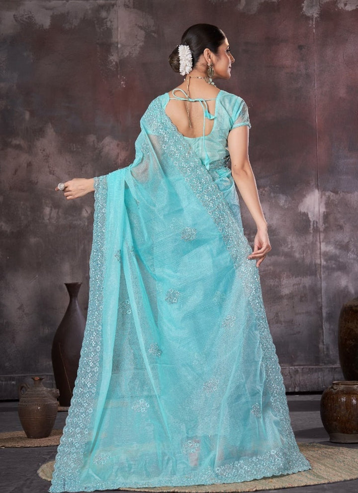 Lassya Fashion Sea Blue Wedding Wear Organza Net Saree