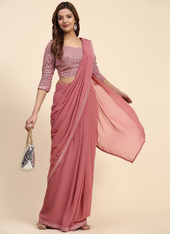 Lassya Fashion Pink Wedding Wear Georgette Saree with Mirror Embroidery Border