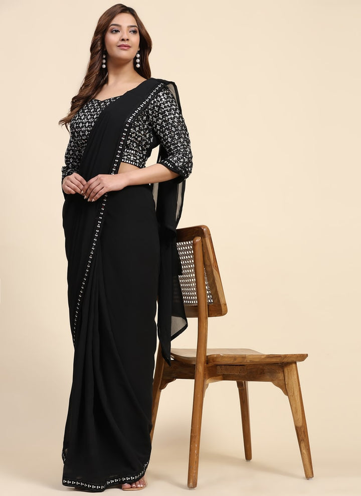 Lassya Fashion Black Wedding Wear Georgette Saree with Mirror Embroidery Border