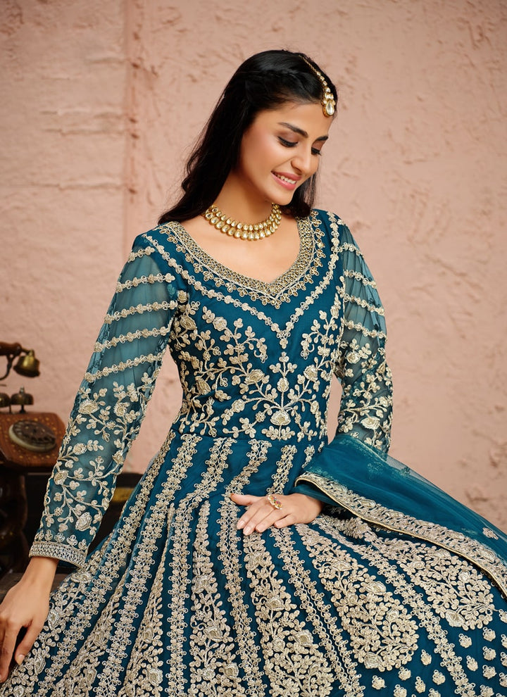 Lassya Fashion Teal green Anarkali Dress Ensemble