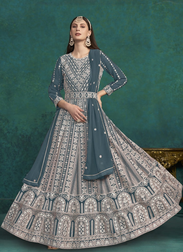 Lassya Fashion Teal Green Festive Wear Anarkali Dress Ensemble