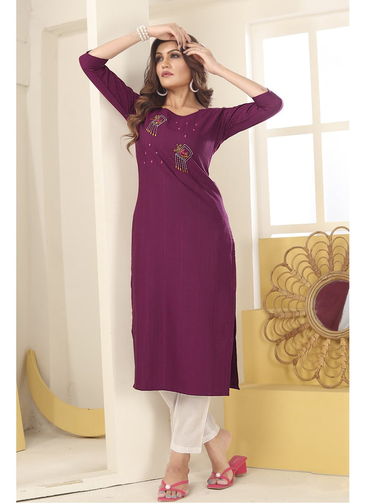 Lassya Fashion Purple Vision Silk Straight Salwar Suit, Handmade Embroidery