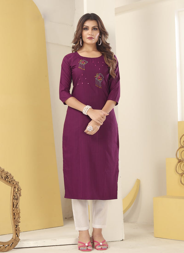 Lassya Fashion Purple Vision Silk Straight Salwar Suit, Handmade Embroidery