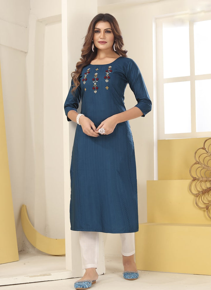 Lassya Fashion Navy Blue Vision Silk Straight Salwar Suit, Handmade Embroidery