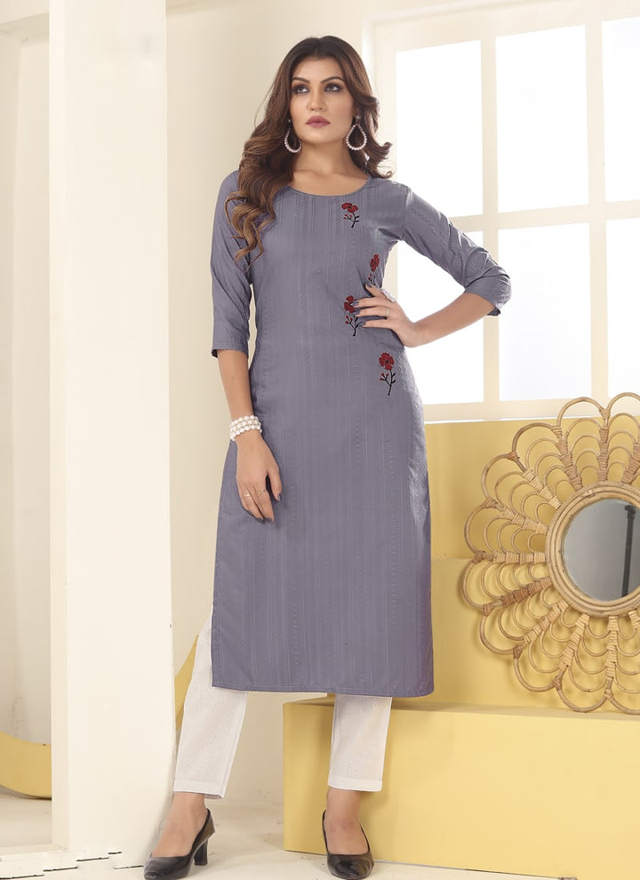 Lassya Fashion Grey Vision Silk Straight Salwar Suit, Handmade Embroidery