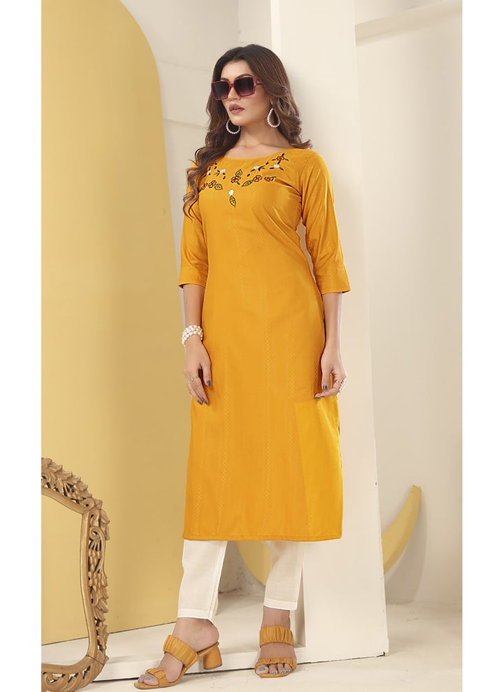 Lassya Fashion Yellow Vision Silk Straight Salwar Suit, Handmade Embroidery