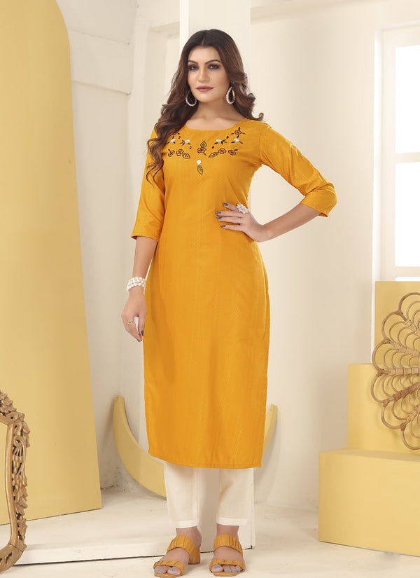 Lassya Fashion Yellow Vision Silk Straight Salwar Suit, Handmade Embroidery