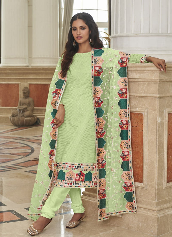 Lassya Fashion Pista green Straight Salwar Suit Real Georgette with Heavy Embroidery