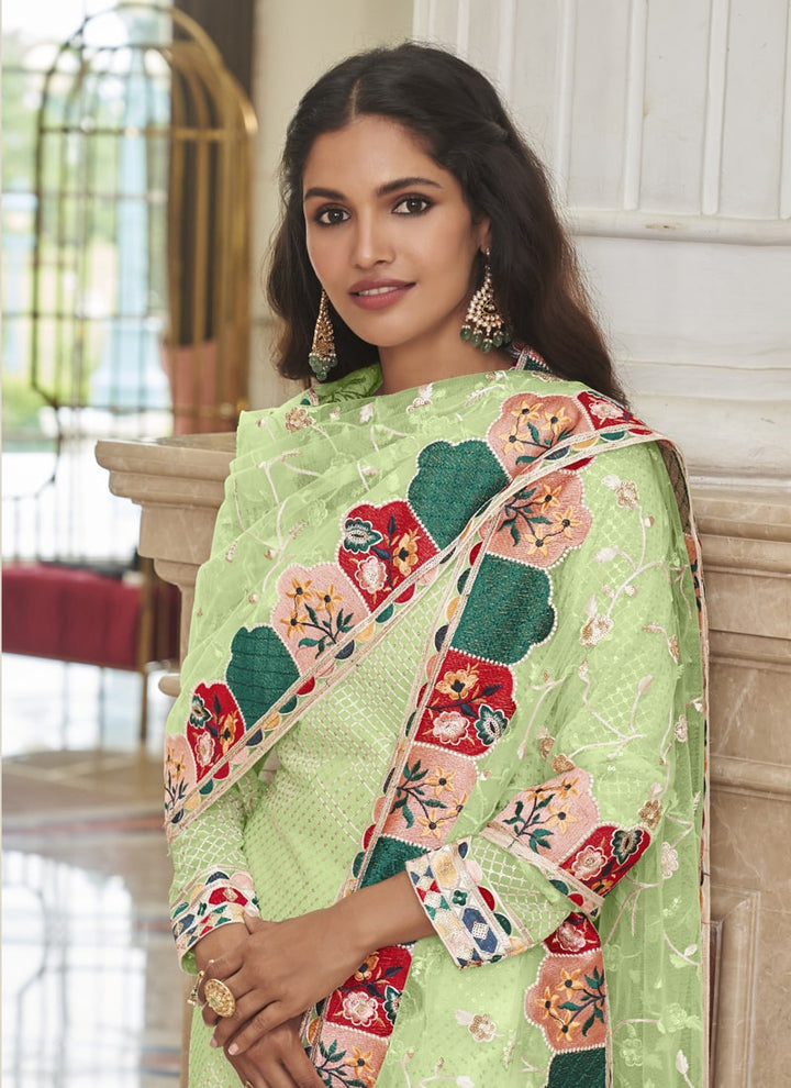 Lassya Fashion Pista green Straight Salwar Suit Real Georgette with Heavy Embroidery