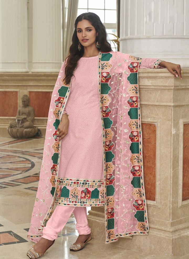 Lassya Fashion Pink Straight Salwar Suit Real Georgette with Heavy Embroidery