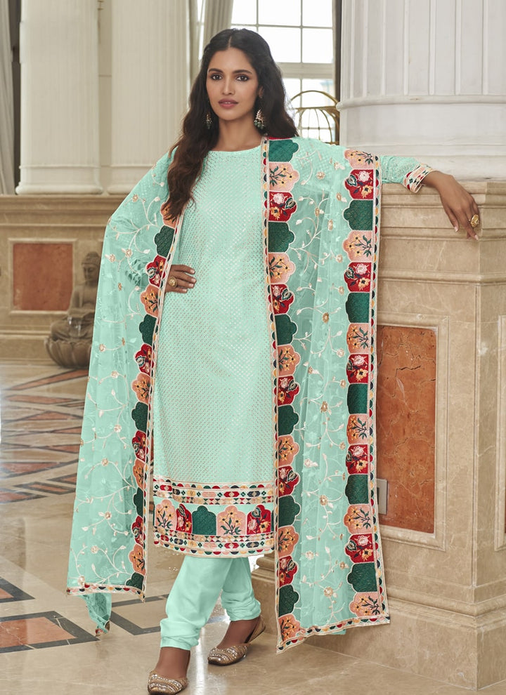 Lassya Fashion Sky Blue Straight Salwar Suit Real Georgette with Heavy Embroidery