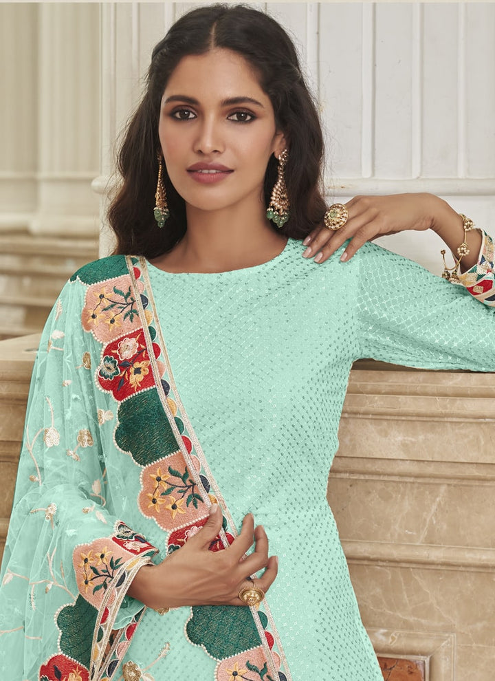 Lassya Fashion Sky Blue Straight Salwar Suit Real Georgette with Heavy Embroidery