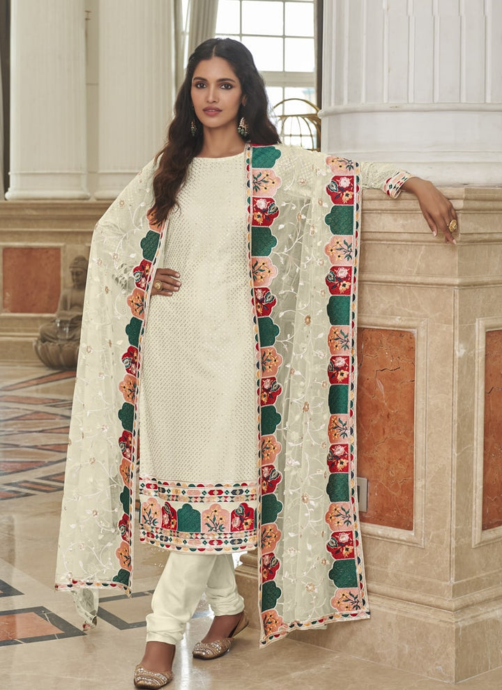 Lassya Fashion White Straight Salwar Suit Real Georgette with Heavy Embroidery