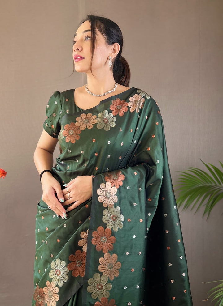 Lassya Fashion Bottle Green Silk Saree with Copper and Gold Weaving