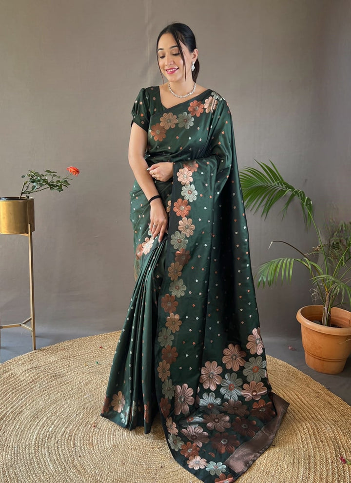 Lassya Fashion Bottle Green Silk Saree with Copper and Gold Weaving