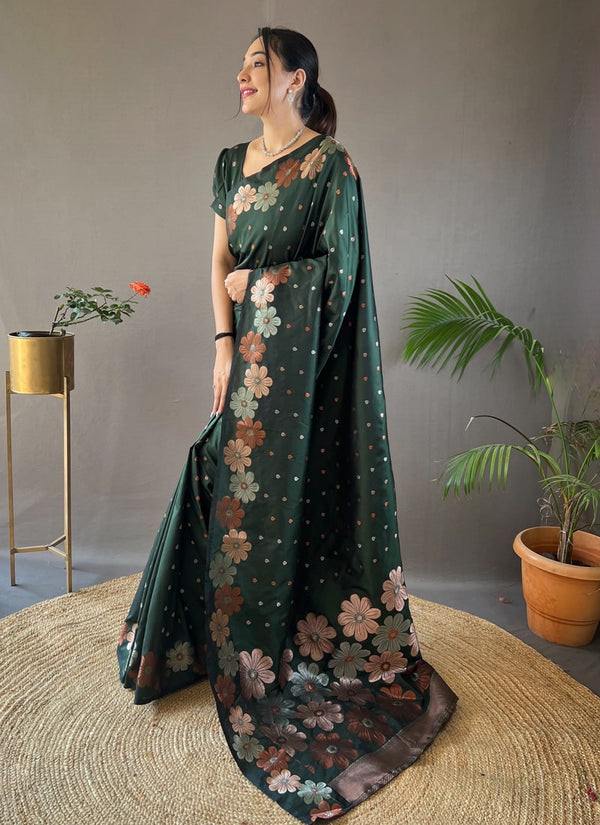 Lassya Fashion Bottle Green Silk Saree with Copper and Gold Weaving