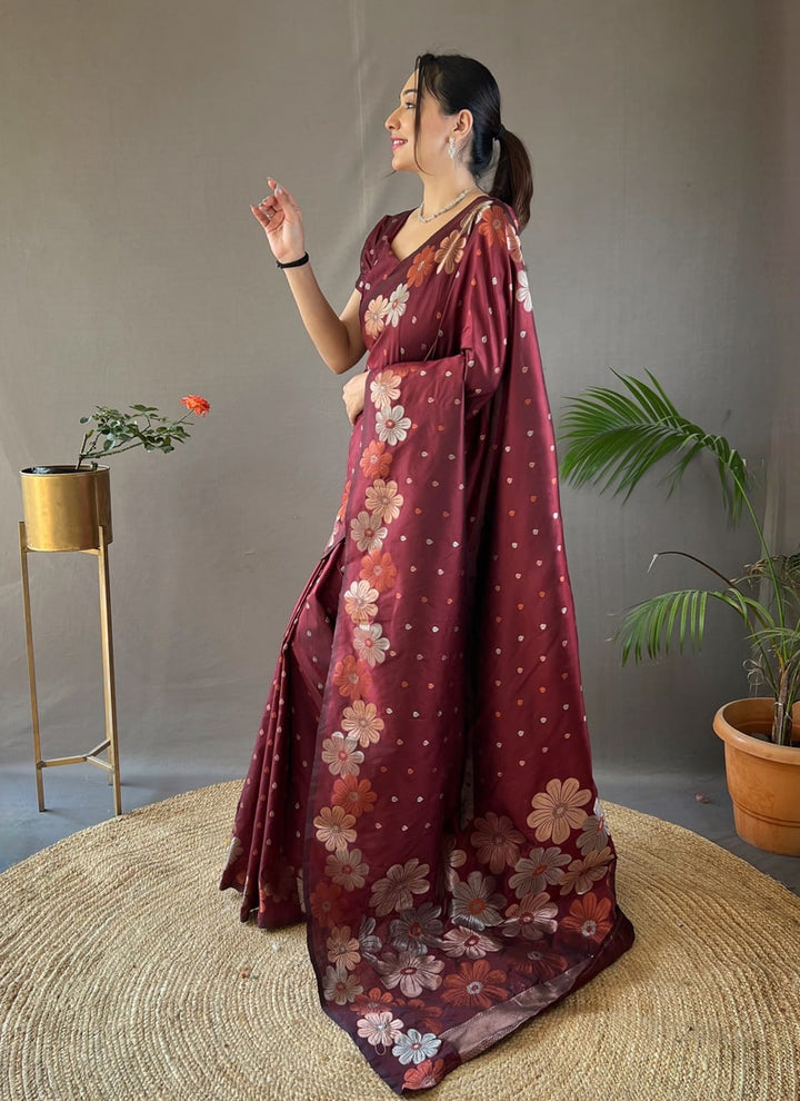 Lassya Fashion Wine Red Silk Saree with Copper and Gold Weaving