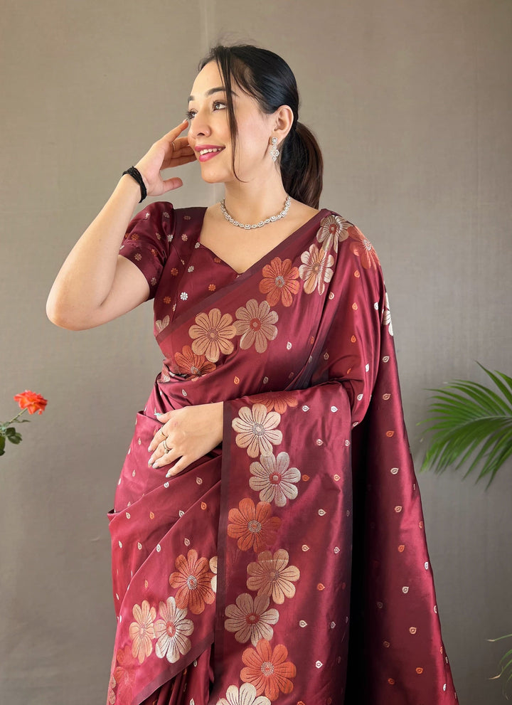 Lassya Fashion Wine Red Silk Saree with Copper and Gold Weaving