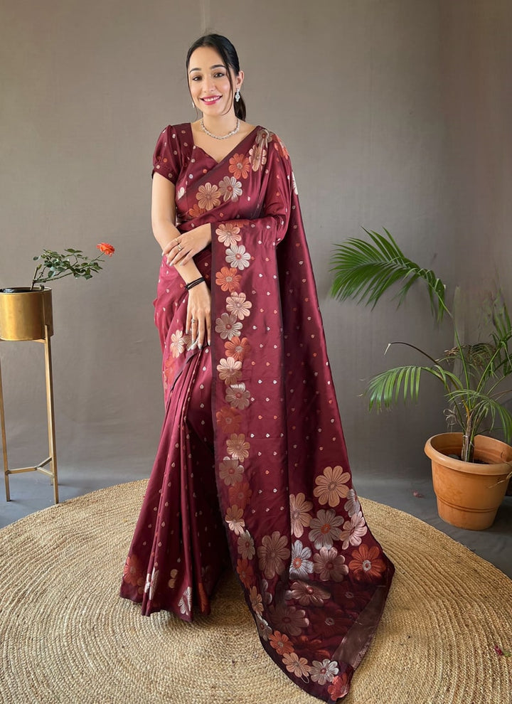 Lassya Fashion Wine Red Silk Saree with Copper and Gold Weaving