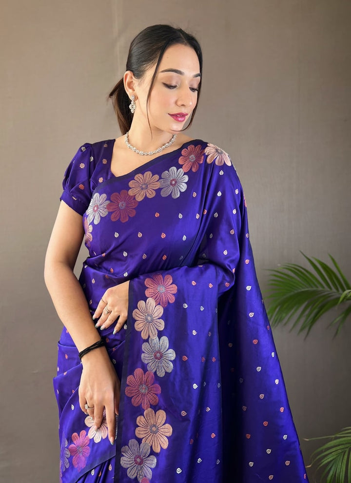 Lassya Fashion Midnight Blue Silk Saree with Copper and Gold Weaving