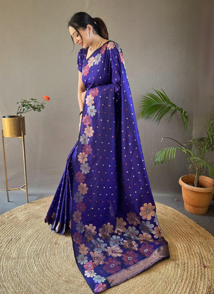 Lassya Fashion Midnight Blue Silk Saree with Copper and Gold Weaving