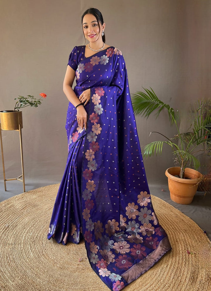 Lassya Fashion Midnight Blue Silk Saree with Copper and Gold Weaving