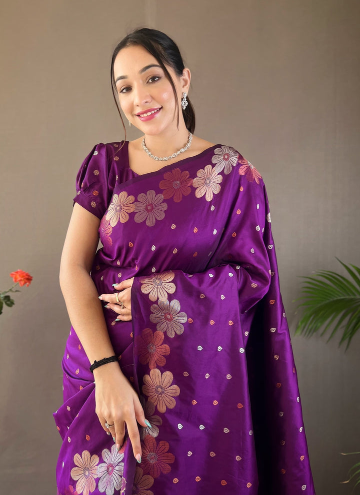 Lassya Fashion Purple Silk Saree with Copper and Gold Weaving