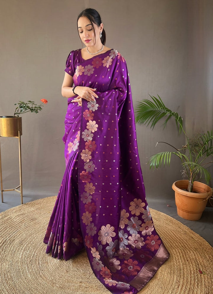 Lassya Fashion Purple Silk Saree with Copper and Gold Weaving