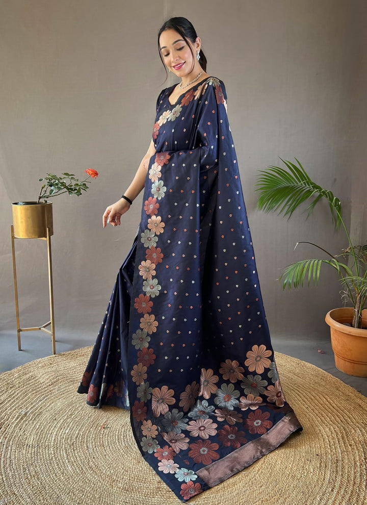 Lassya Fashion Navy Blue Silk Saree with Copper and Gold Weaving