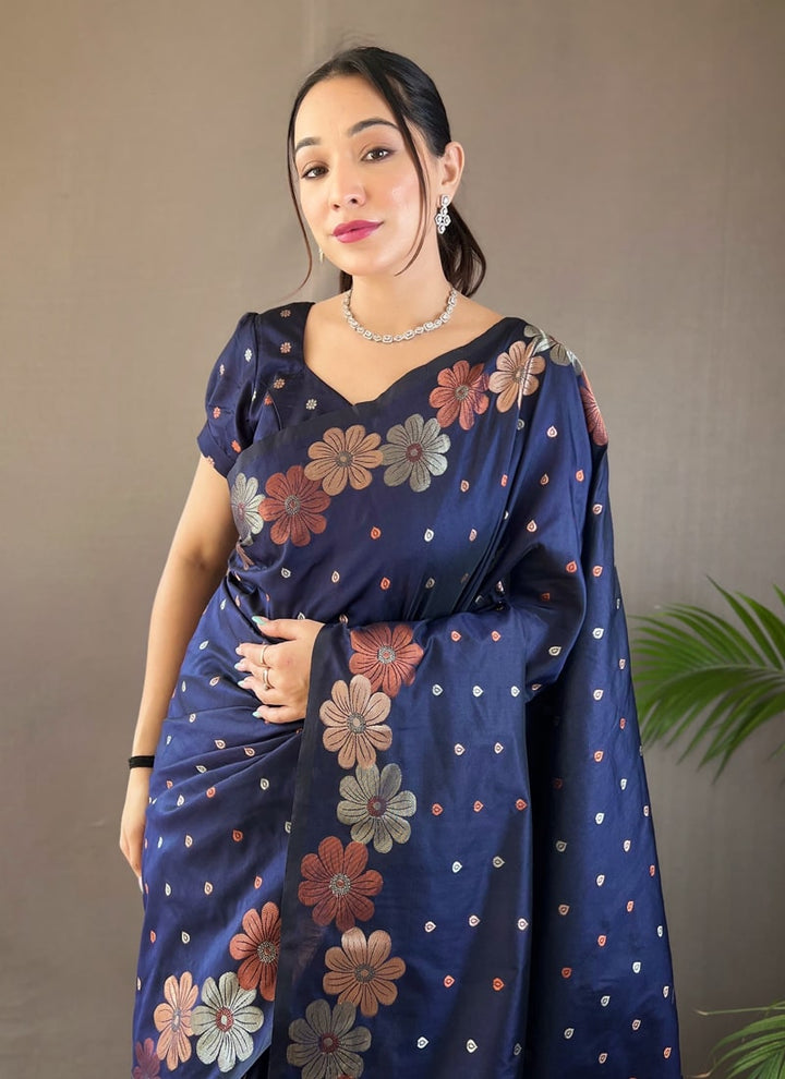 Lassya Fashion Navy Blue Silk Saree with Copper and Gold Weaving