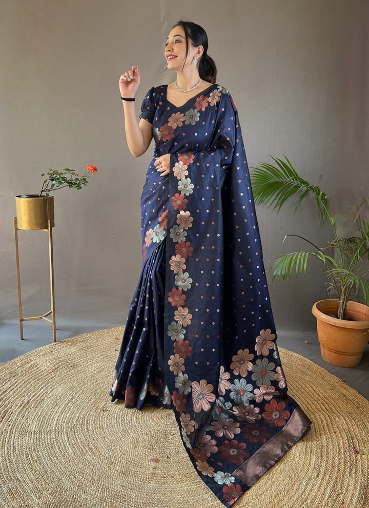 Lassya Fashion Navy Blue Silk Saree with Copper and Gold Weaving