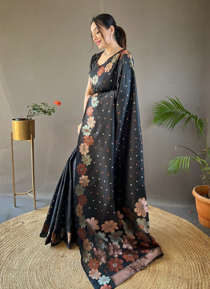 Lassya Fashion Black Silk Saree with Copper and Gold Weaving