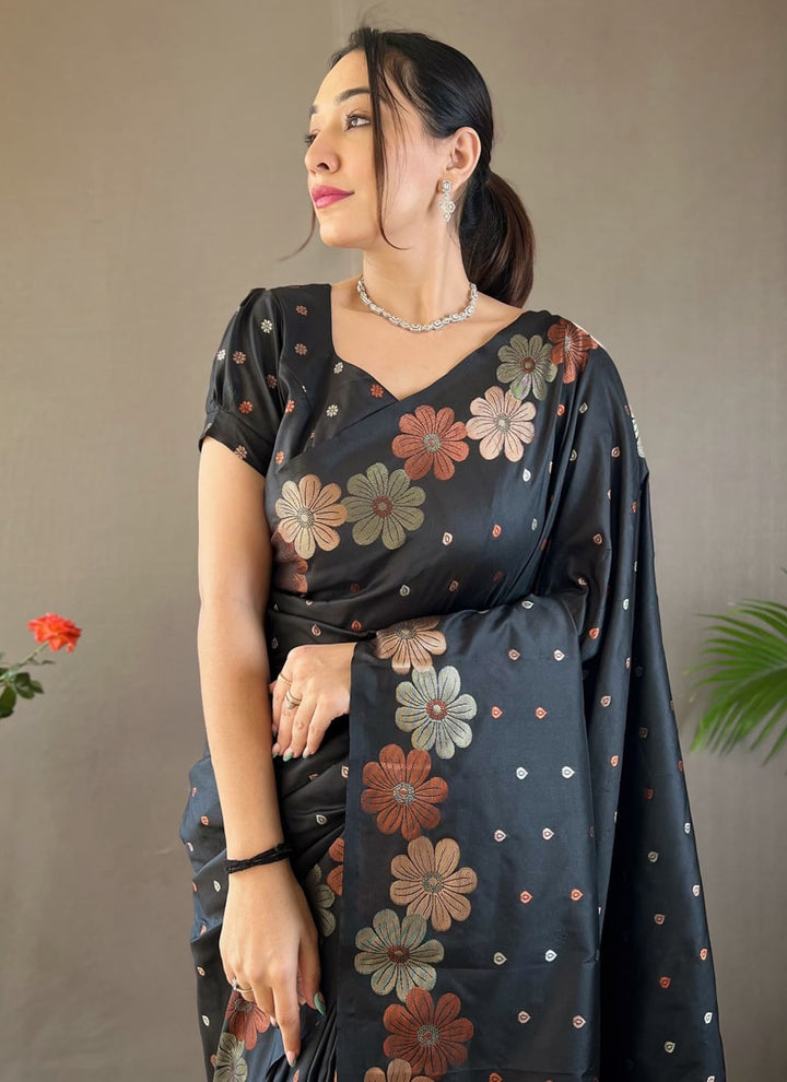 Lassya Fashion Black Silk Saree with Copper and Gold Weaving