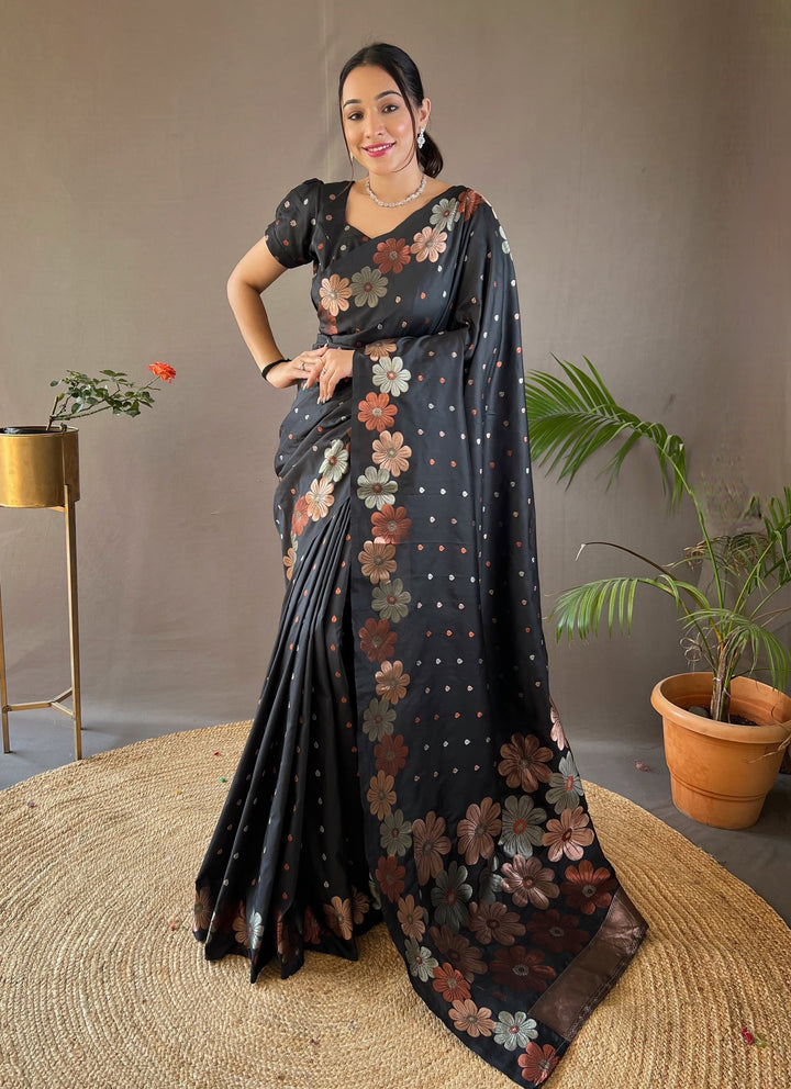 Lassya Fashion Black Silk Saree with Copper and Gold Weaving