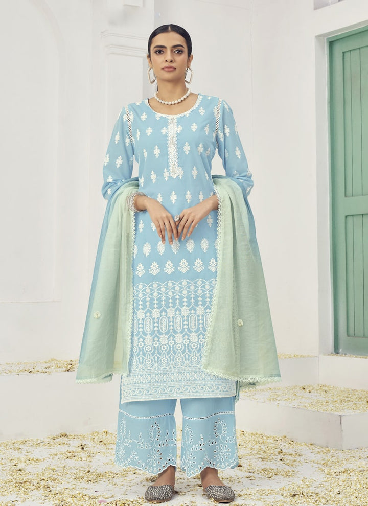 Lassya Fashion Sky Blue Lucknavi Style Salwar Kameez with Boring Embroidery