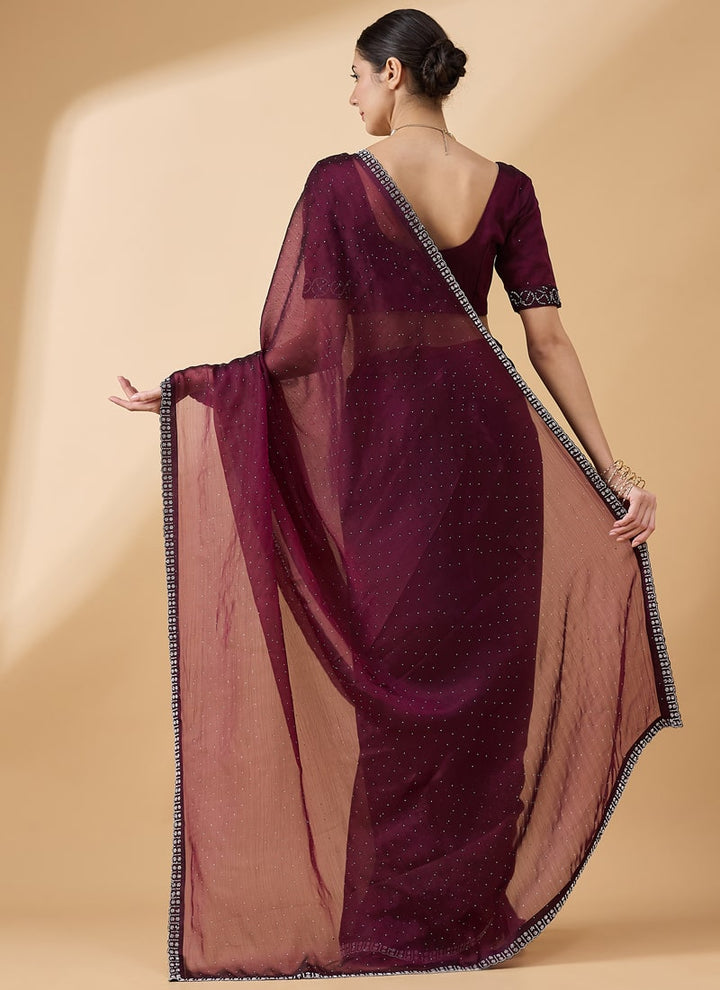 Lassya Fashion Maroon-2 Party Wear Organza Saree with Stone and Swarovski Work