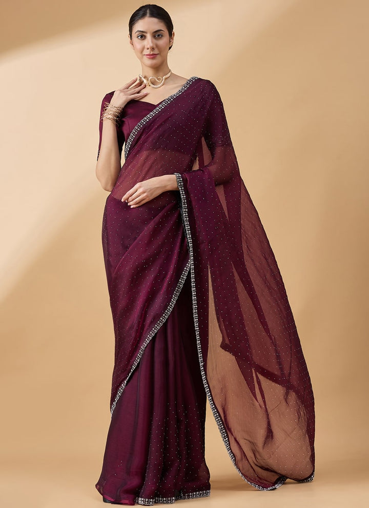 Lassya Fashion Maroon-2 Party Wear Organza Saree with Stone and Swarovski Work