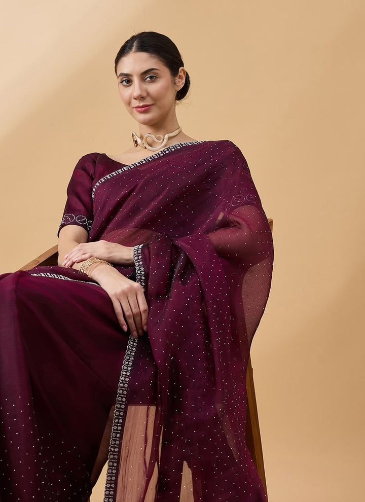 Lassya Fashion Maroon-2 Party Wear Organza Saree with Stone and Swarovski Work