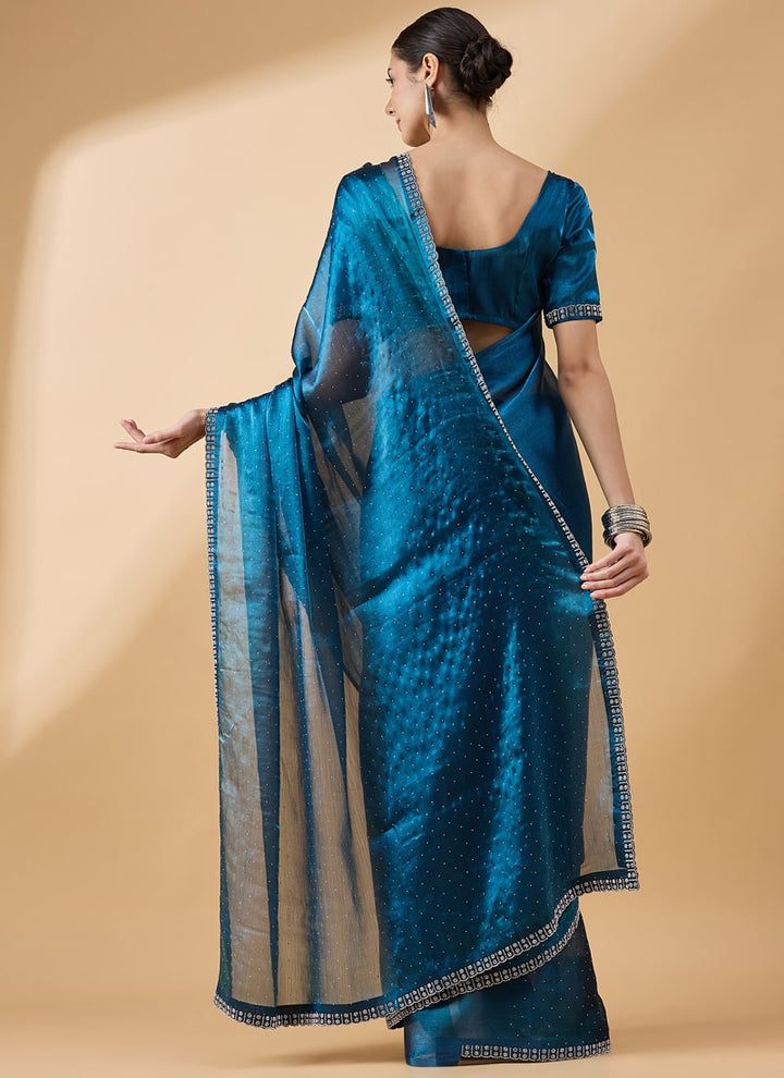 Lassya Fashion Royal Blue-1 Party Wear Organza Saree with Stone and Swarovski Work