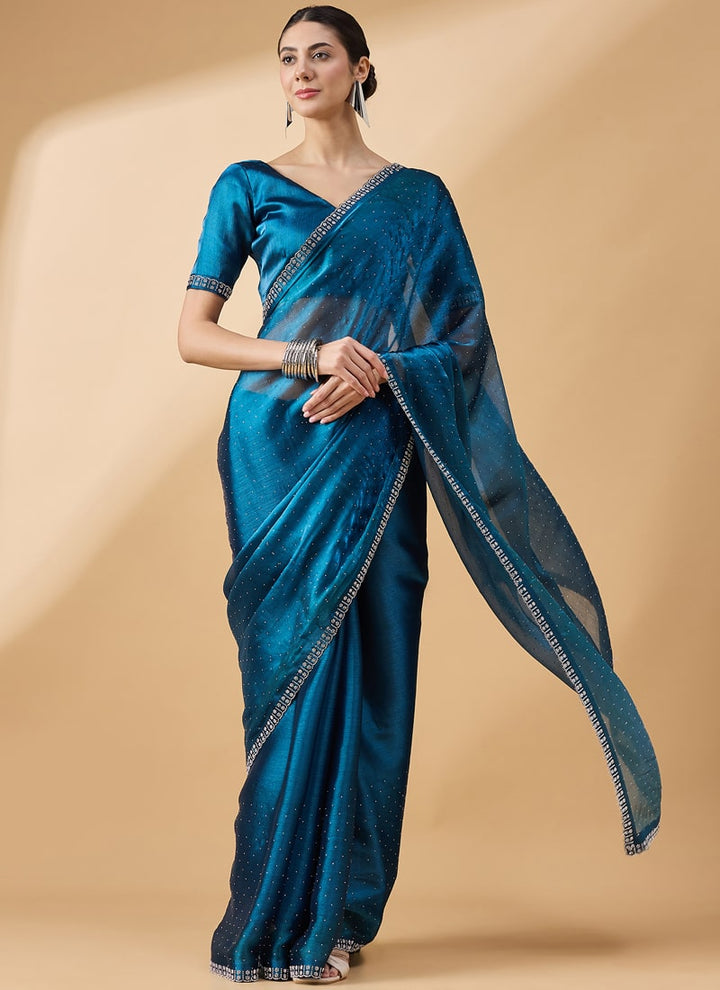 Lassya Fashion Royal Blue-1 Party Wear Organza Saree with Stone and Swarovski Work